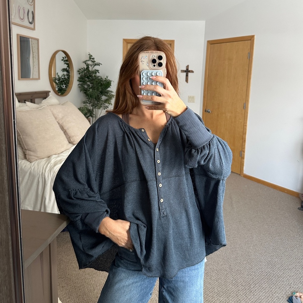 Free people oversized Women's Navy Button-Up Top